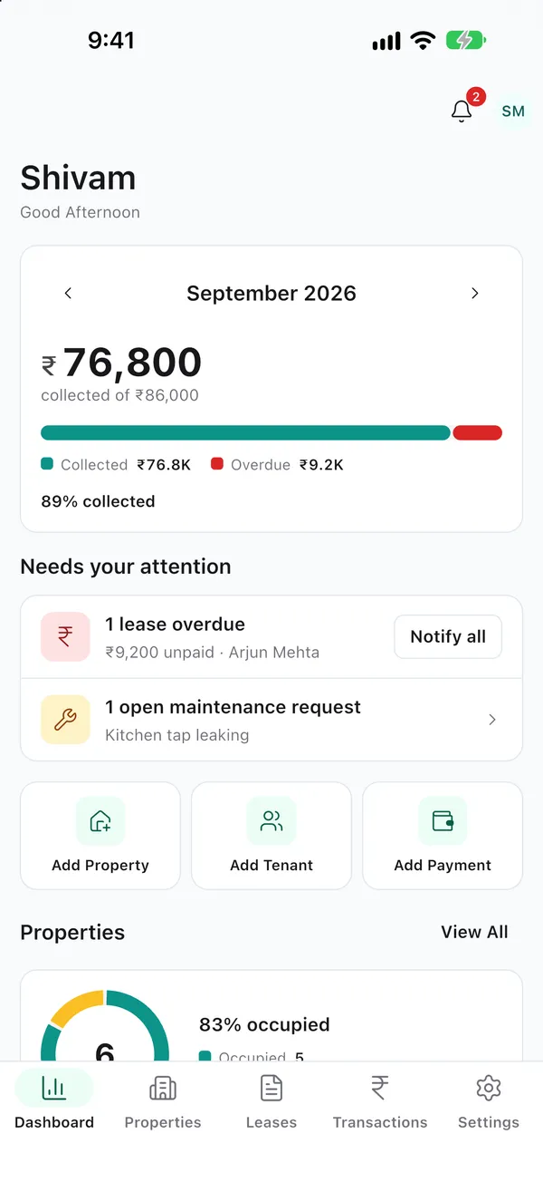 LeazePro landlord dashboard showing rent collected this month