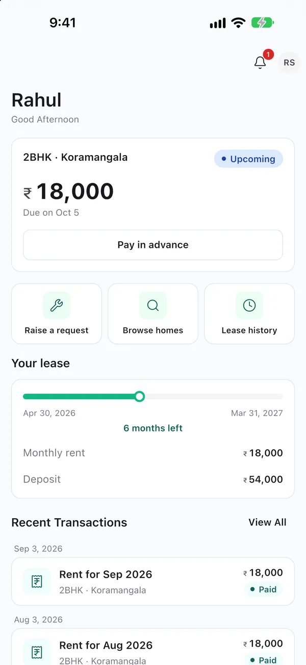 LeazePro tenant home showing the next rent due
